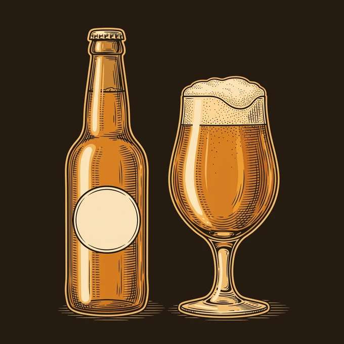 Illustrazione incisa di una bottiglia di birra e un calice