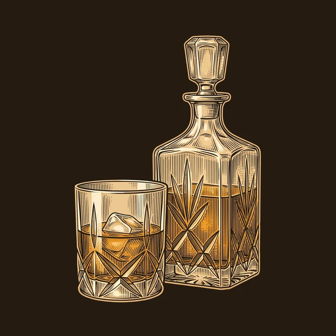 Illustrazione incisa di whisky e distillati